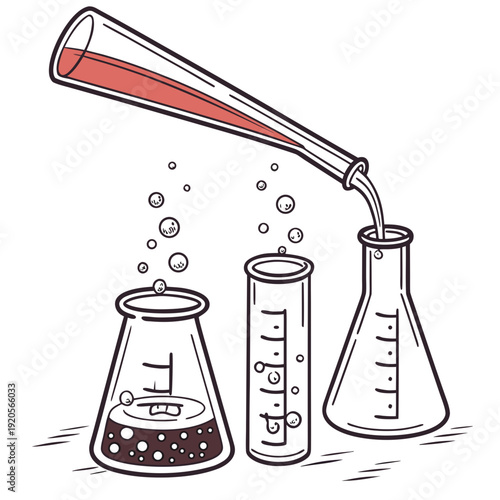 Pouring red liquid from beaker into flask and test tube