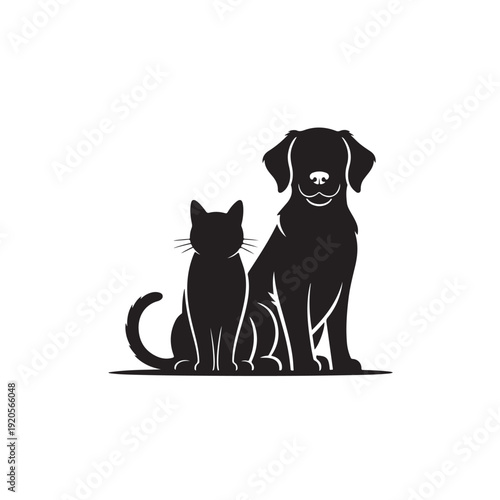 Black cat and dog sitting together silhouette