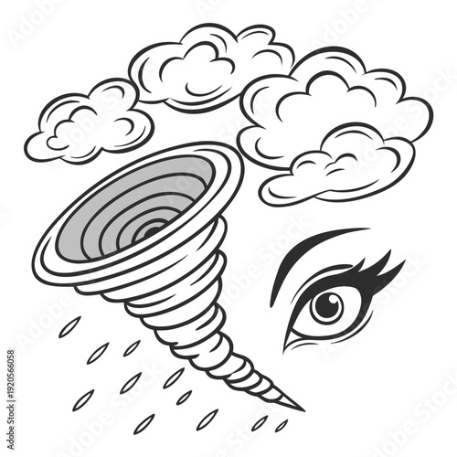 Black and white of a rotating hurricane with eye of the storm and clouds