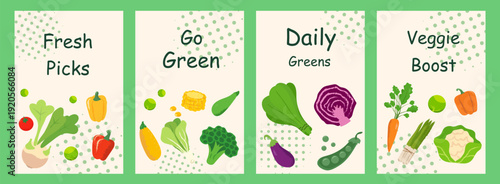 healthy eating banners with fresh vegetables and greens vector illustration