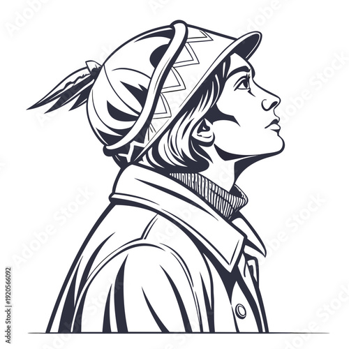 Black and white of a woman wearing a feathered headdress