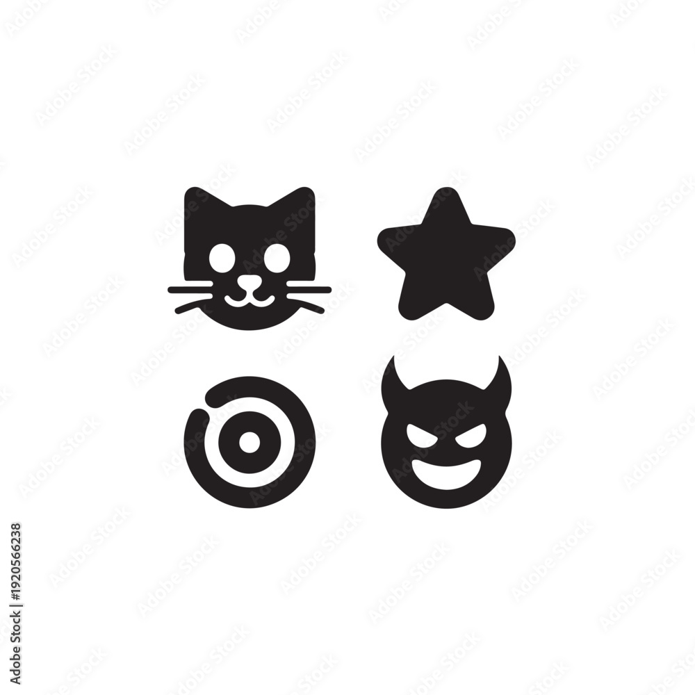 Fototapeta premium Black flat emoji set with cat star target and devil