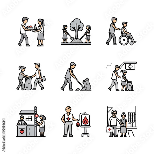 Charity and Donation icon illustration set featuring people helping others in various community service activities worldwide