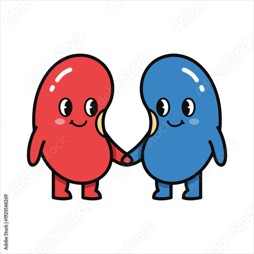 Cute Kidney Cartoon Characters Holding Hands, Healthy Renal Care Concept Illustration