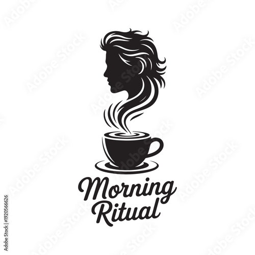Black silhouette of woman with coffee cup and steam