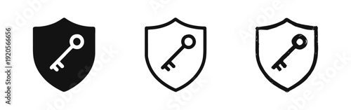 Key and Shield Icon Set. Security, Access Control, and Digital Protection Symbol.