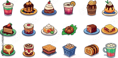 Delicious chocolate desserts collection, flat design vector illustration with vibrant colors