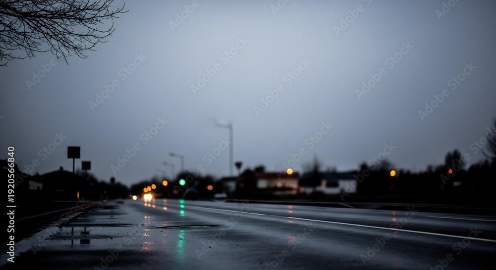 Fototapeta premium Rainy evening on empty city street with traffic lights
