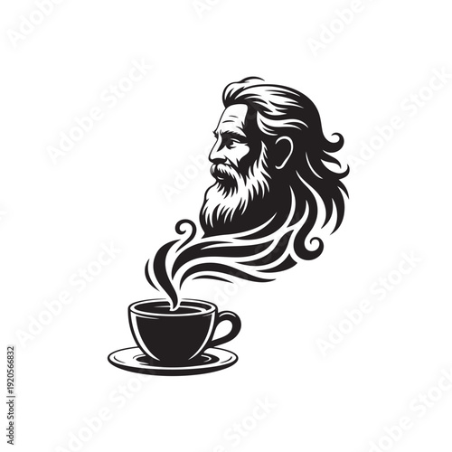 Bold black silhouette of a bearded man with a coffee cup
