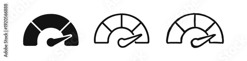 Speedometer gauge icon set. Performance indicator and data measurement symbol in solid, outline, and hand-drawn styles.
