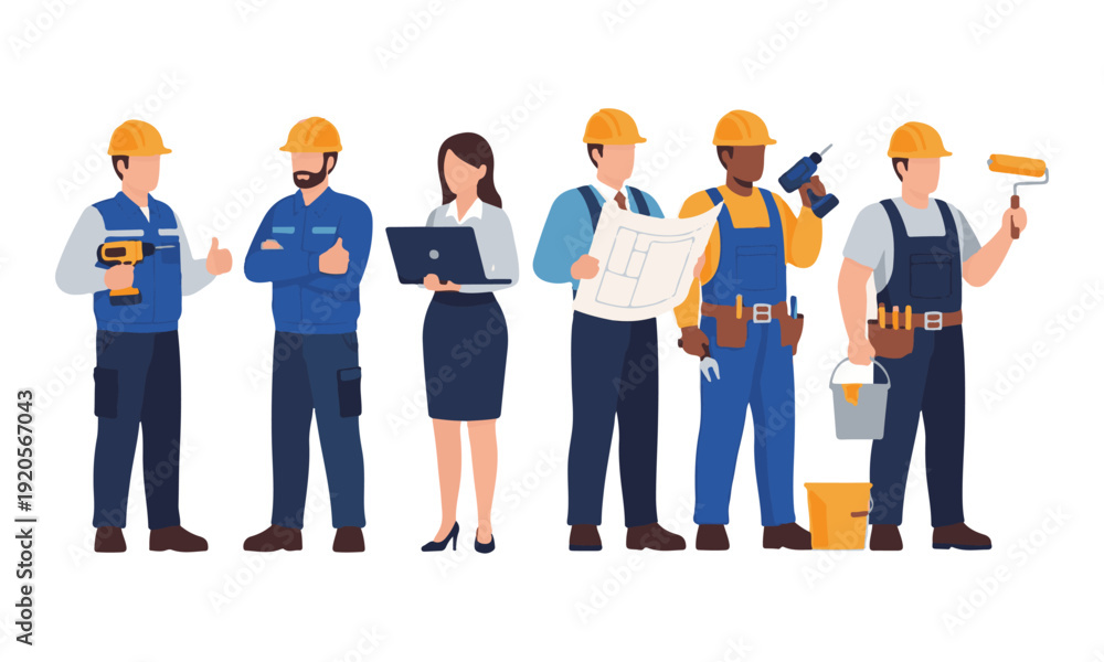 Fototapeta premium Diverse Construction & Skilled Trade Professionals with Tools
