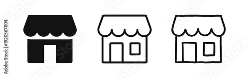 Storefront shop icon set. Market retail building symbol in solid, outline, and hand-drawn styles. E-commerce and boutique pictogram.