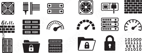 Cybersecurity and Networking Solid Icons – Firewall Brick Wall, Server Cooling, Binary Data and Protected Folders Vector.

