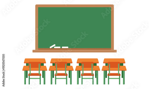 Green Chalkboard with Student Desks and Chairs in Empty Classroom