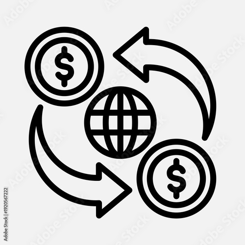Global money transfer and currency exchange icon with dollar coins and arrows.