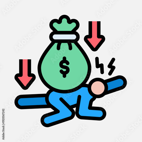 A person burdened by a heavy money bag with downward arrows symbolizing financial pressure and stress.