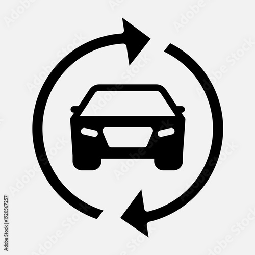 Black silhouette of a car surrounded by a circular arrow icon, symbolizing car sharing, rental, or exchange services.