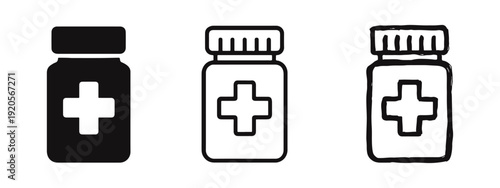 Medicine Bottle Icon Set: Pharmacy and Healthcare Symbols with Cross in Flat, Outline, and Hand-Drawn Styles