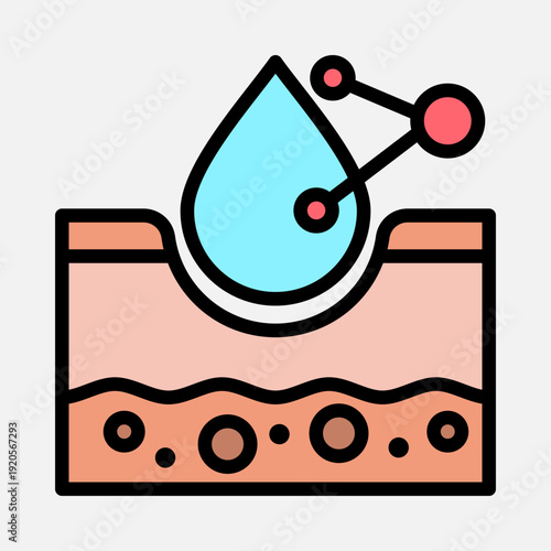 Illustration of a water drop hydrating skin with molecular structures, representing dermatology and skincare science.