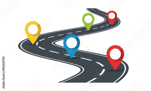 Winding Road with Colorful Navigation Pins on Transparent Background
