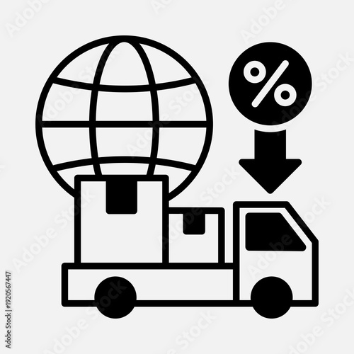 Global shipping discount icon showing a delivery truck with packages, a globe, and a percentage sign with a downward arrow.