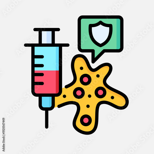 An illustration showing a syringe injecting a substance into a cell or pathogen, with a shield icon indicating protection or immunity.