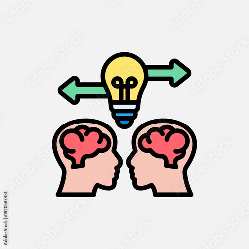Icon depicting two human heads with visible brains, connected by a lightbulb and opposing arrows, symbolizing idea exchange and collaboration.
