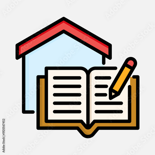 Iconic illustration of a house with an open book and pencil, symbolizing home education or real estate learning.