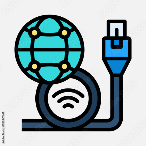 Iconic representation of global internet connectivity, featuring a network globe, an Ethernet cable, and a Wi-Fi signal.