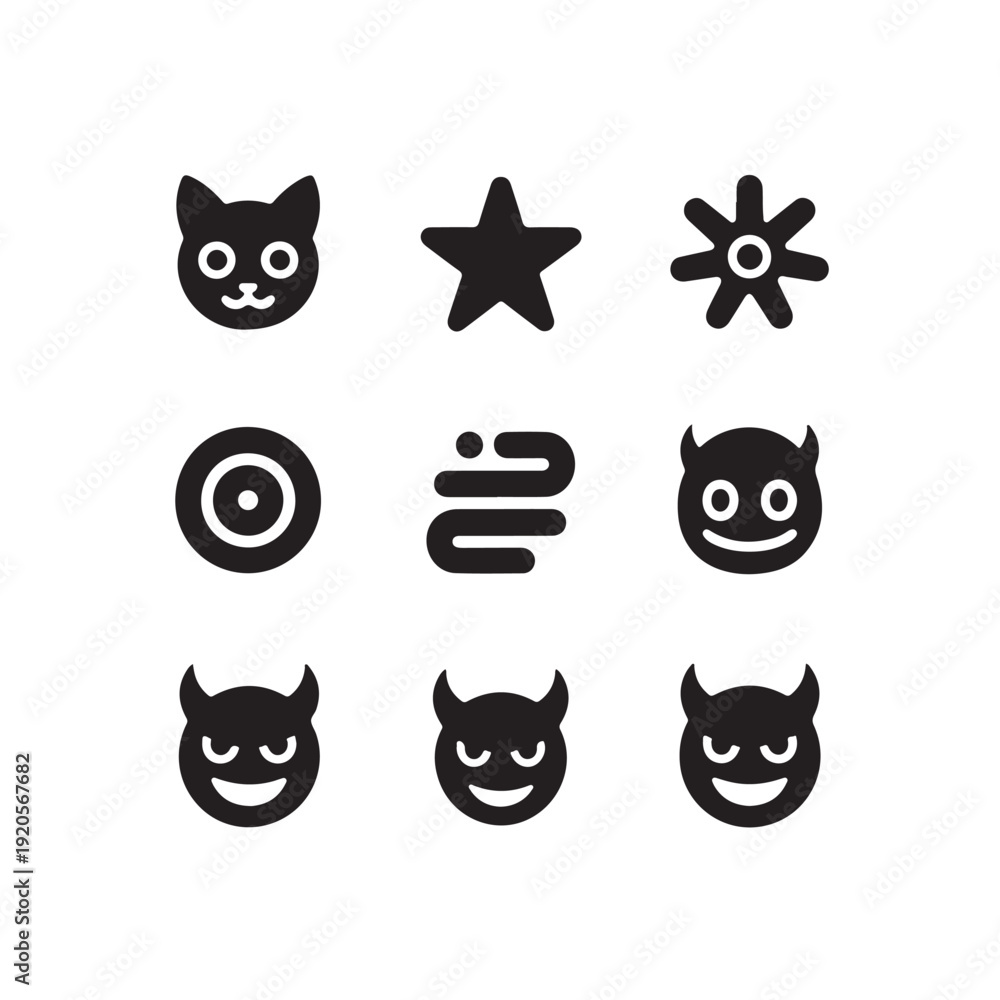 Fototapeta premium Minimal black cat emoji and devil faces with symbols