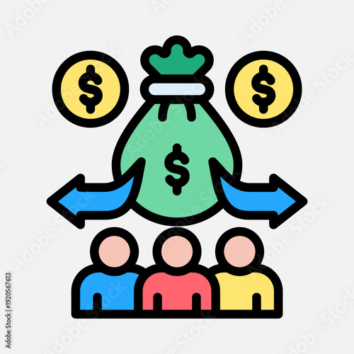 Illustration depicting money distribution, financial sharing, or investment among a group of people, symbolizing economic activity.