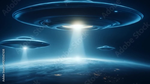 Unidentified flying objects hovering over a planet at night