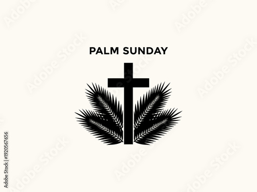 Palm Sunday Christian cross and palm fronds icon on beige background