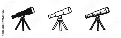 Set of 3 Telescope Icons in Solid, Outline, and Hand-Drawn Styles