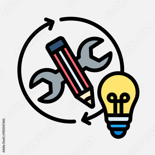 A graphic illustrating a creative process or iterative development cycle with tools and ideas.