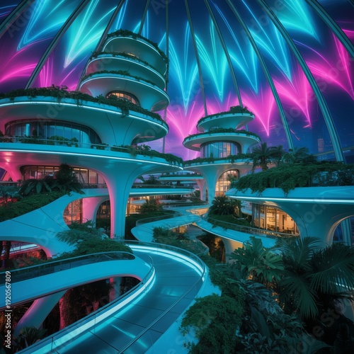 Neon Oasis Amid vast expanses of luminous blue and fuchsia the c