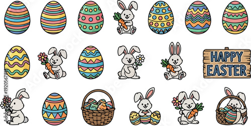 Easter bunny with colorful eggs, playful cartoon vector illustration, flat design, cheerful holiday graphics