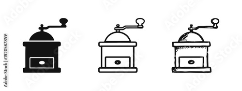 Set of 3 Traditional Manual Coffee Grinder Icons in Diverse Styles