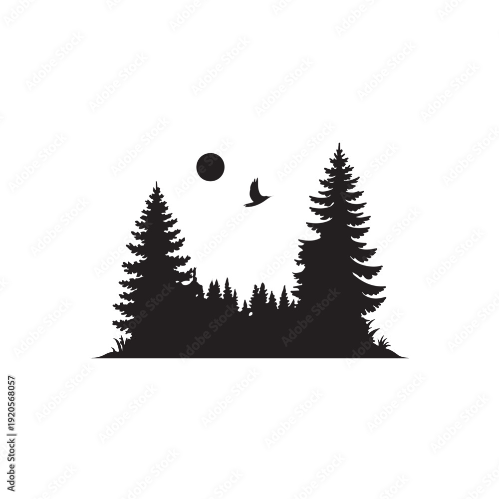 Fototapeta premium Minimal black silhouette forest landscape with bird and moon
