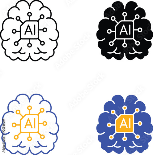 Human Brain With Artificial Intelligence Chipset Digital Mind Machine Learning Neural Network Technology Concept Vector Silhouette, Pictogram and Line Icon Set.eps