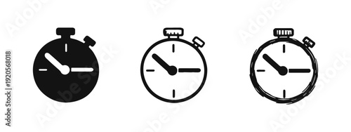 Set of 3 Stopwatch Timer Icons in Solid, Outline, and Hand-Drawn Styles