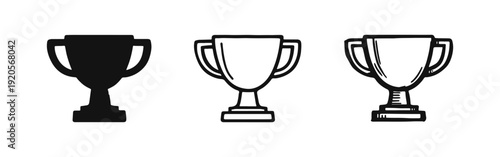 Trophy icon set. Award, winner, and success symbols in solid, outline, and hand-drawn styles.