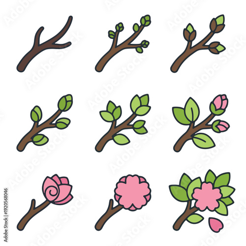 Spring Season Growth Sequence Flat Vector Illustration Set