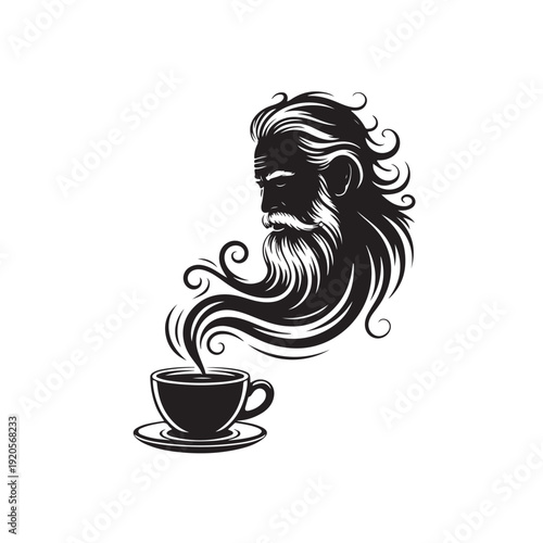 Minimalist black silhouette of bearded man with coffee steam