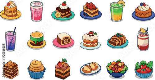 Delicious desserts and drinks set, vibrant flat design vector illustration for food menus and ads