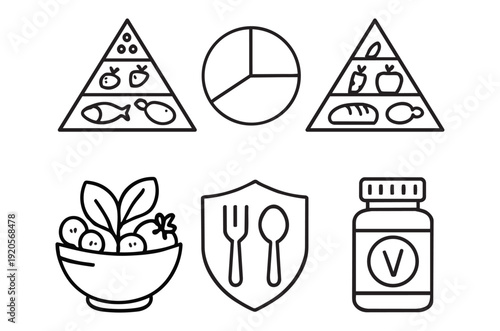 Line art icons depicting healthy food groups dietary needs and nutritional supplements high quality professional