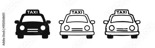 Taxi Car Icon Set with "TAXI" Sign - Front View Vector Symbols for Transportation.