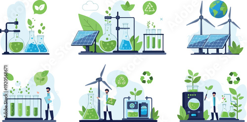 Scientist conducting eco-friendly lab experiment with green chemistry, flat design vector illustration
