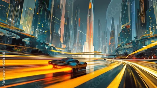 Futuristic cityscape with speeding vehicle on illuminated highway