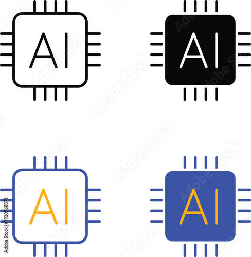 Modern artificial intelligence microchip processor hardware and digital technology symbols in various styles Vector Silhouette, Pictogram and Line Icon Set.eps